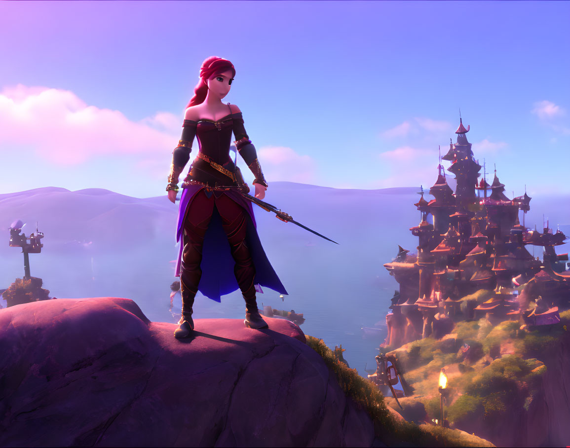 Female warrior with sword in mystical landscape of floating islands and towers