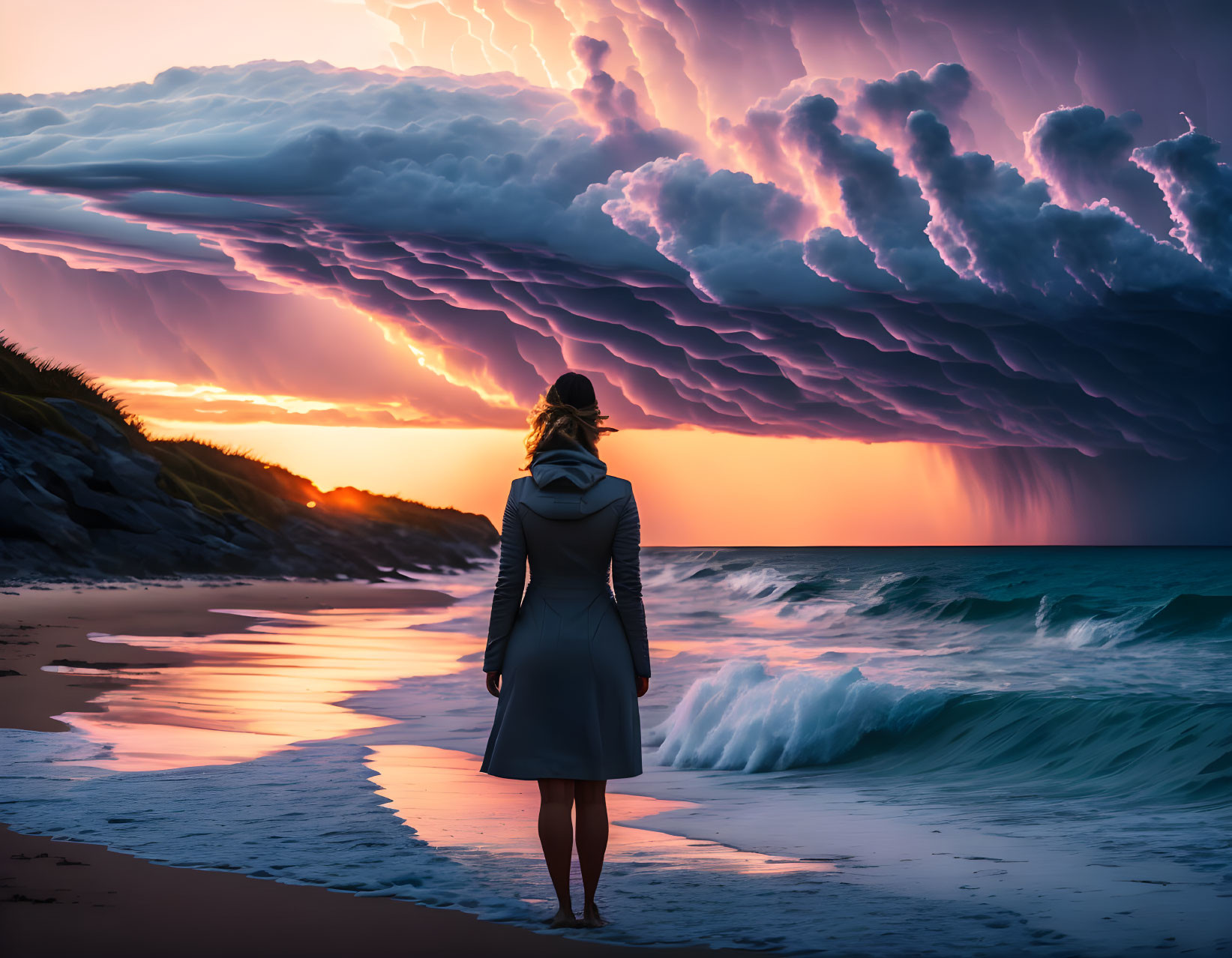 Person watching dramatic sunset sky with lightning above turbulent waves