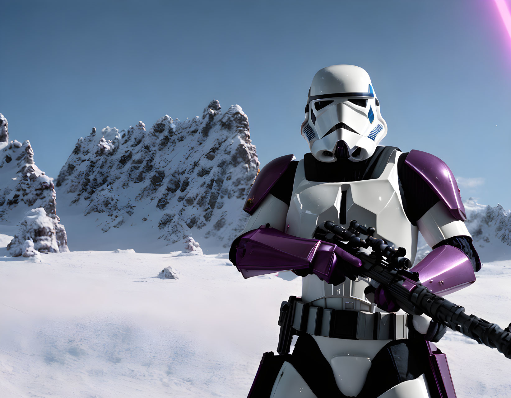 Stormtrooper with purple markings in snowy landscape with mountains and purple lightsaber.