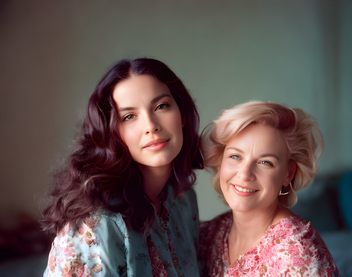 Two women with wavy hair sharing a close moment in warm-lit room