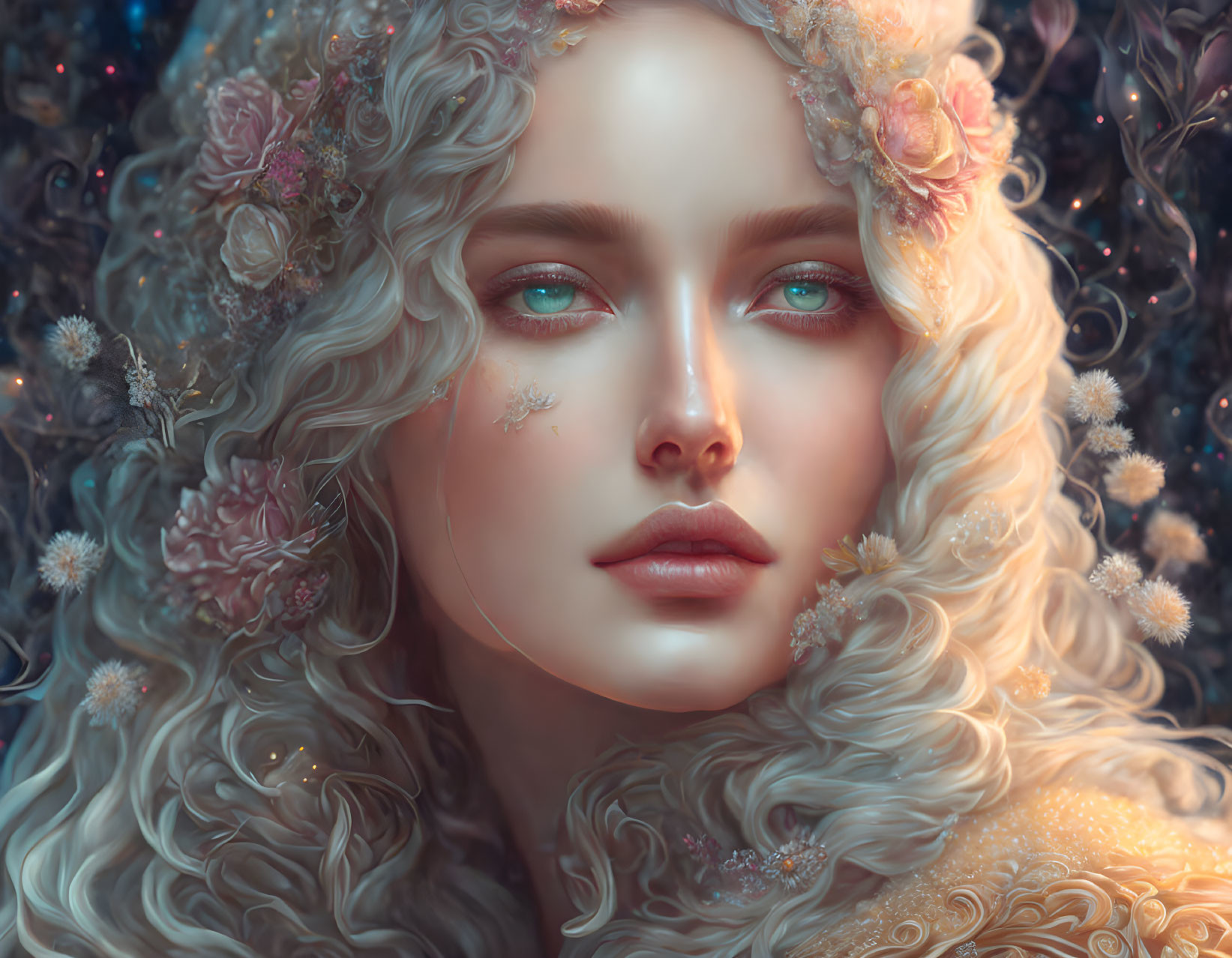 Surreal portrait of woman with curly hair and flowers on celestial background