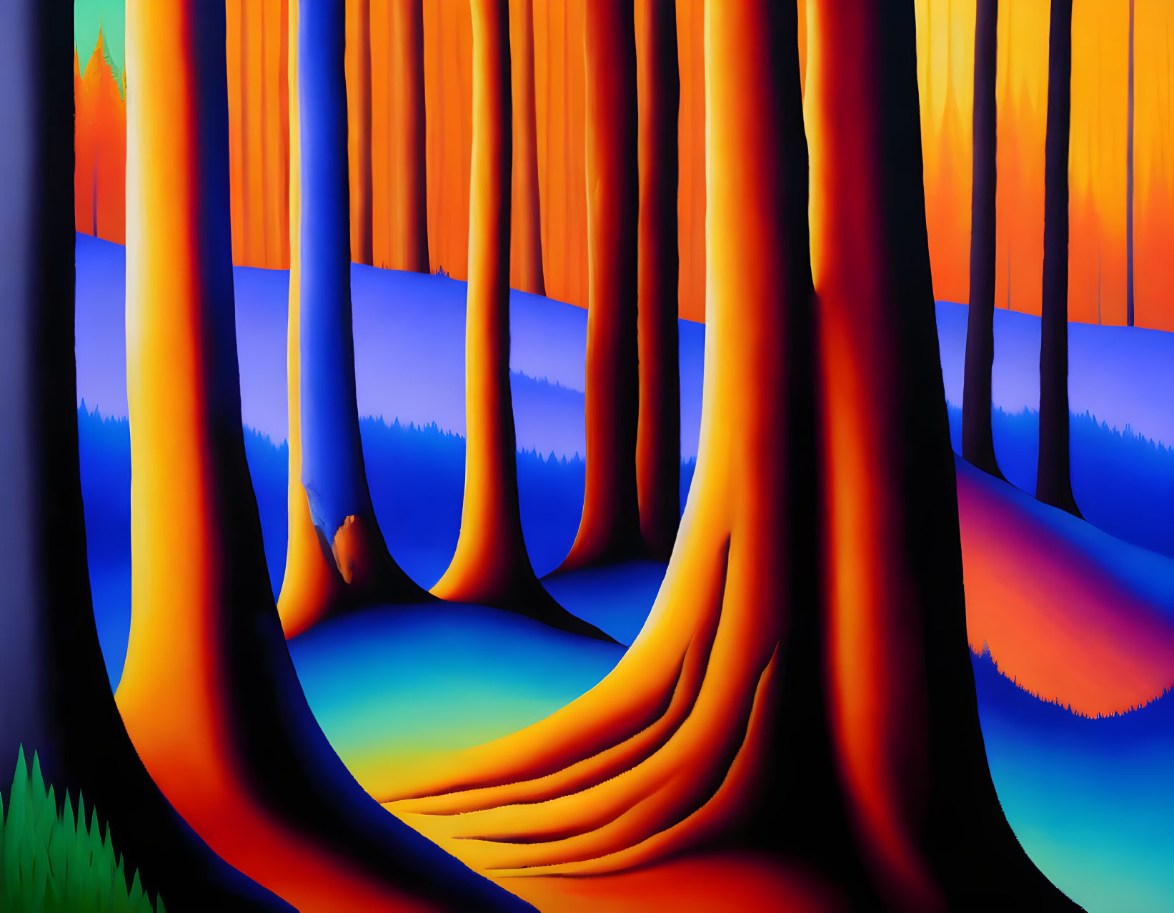 Surreal forest painting with orange trees and blue shadows