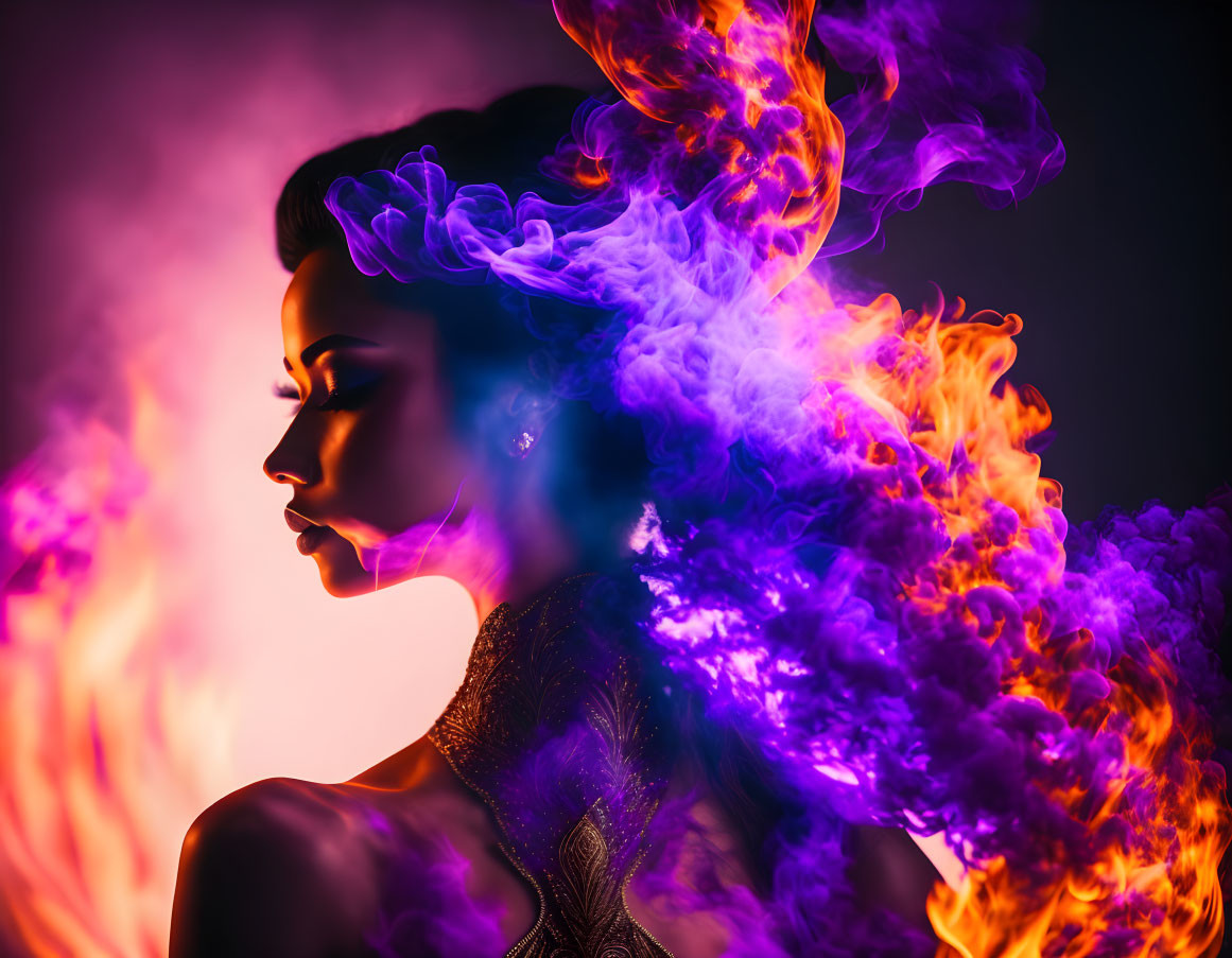 Silhouette of Woman with Purple and Orange Flames Swirling