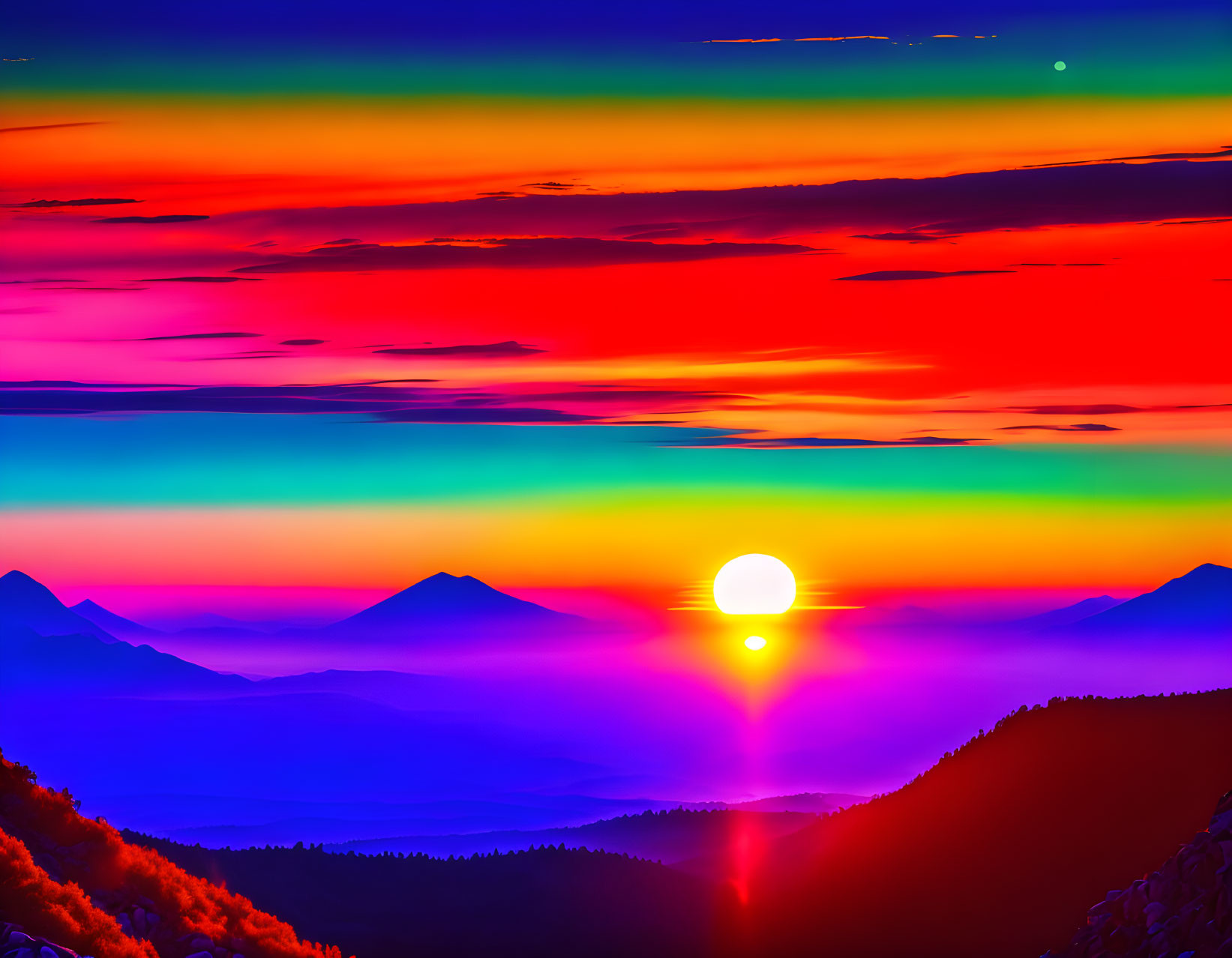 Colorful digital artwork: Sunset over mountain landscape with vibrant hues