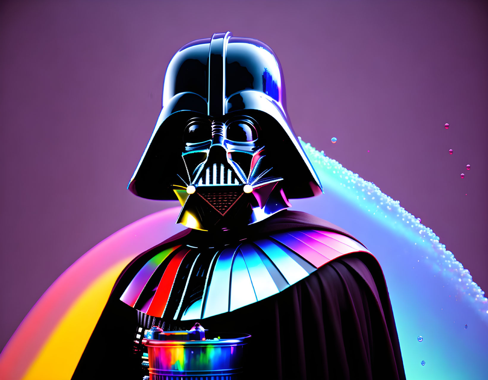 Colorful Darth Vader with rainbow spectrum and bubbles.