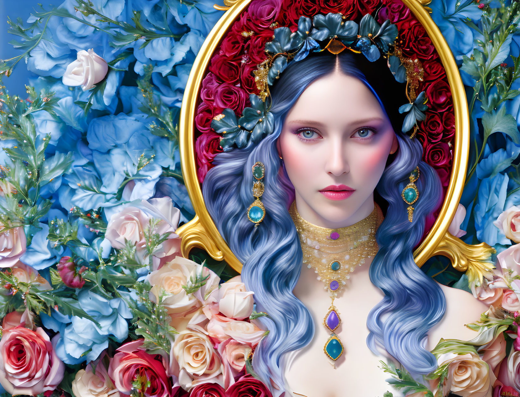 Fantasy illustration of a woman with blue hair in golden circular border surrounded by roses