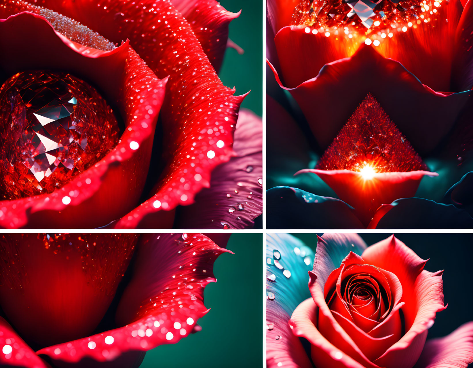 Red roses with dewdrops and diamonds close-up images.