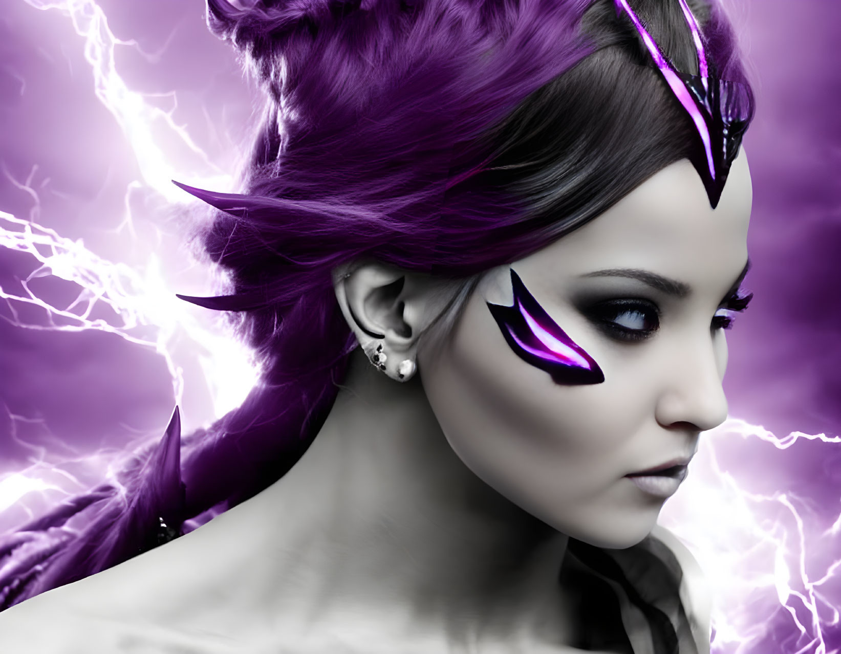 Stylized purple makeup woman with matching hair and lightning effects