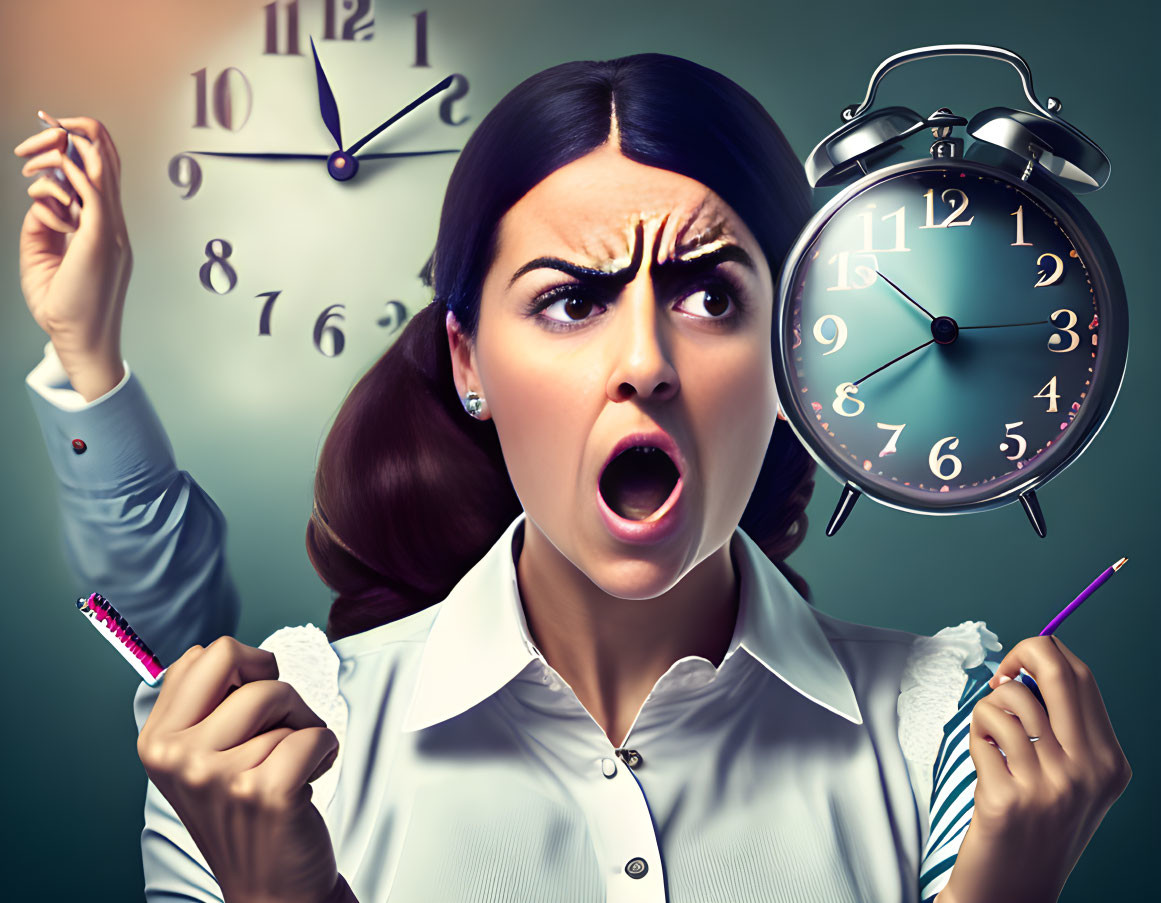 Stressed woman holding pencil looks at merged alarm and wall clocks