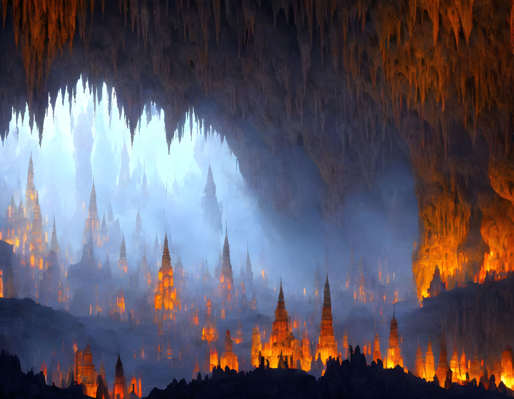 Mystical cave city with glowing structures and blue light