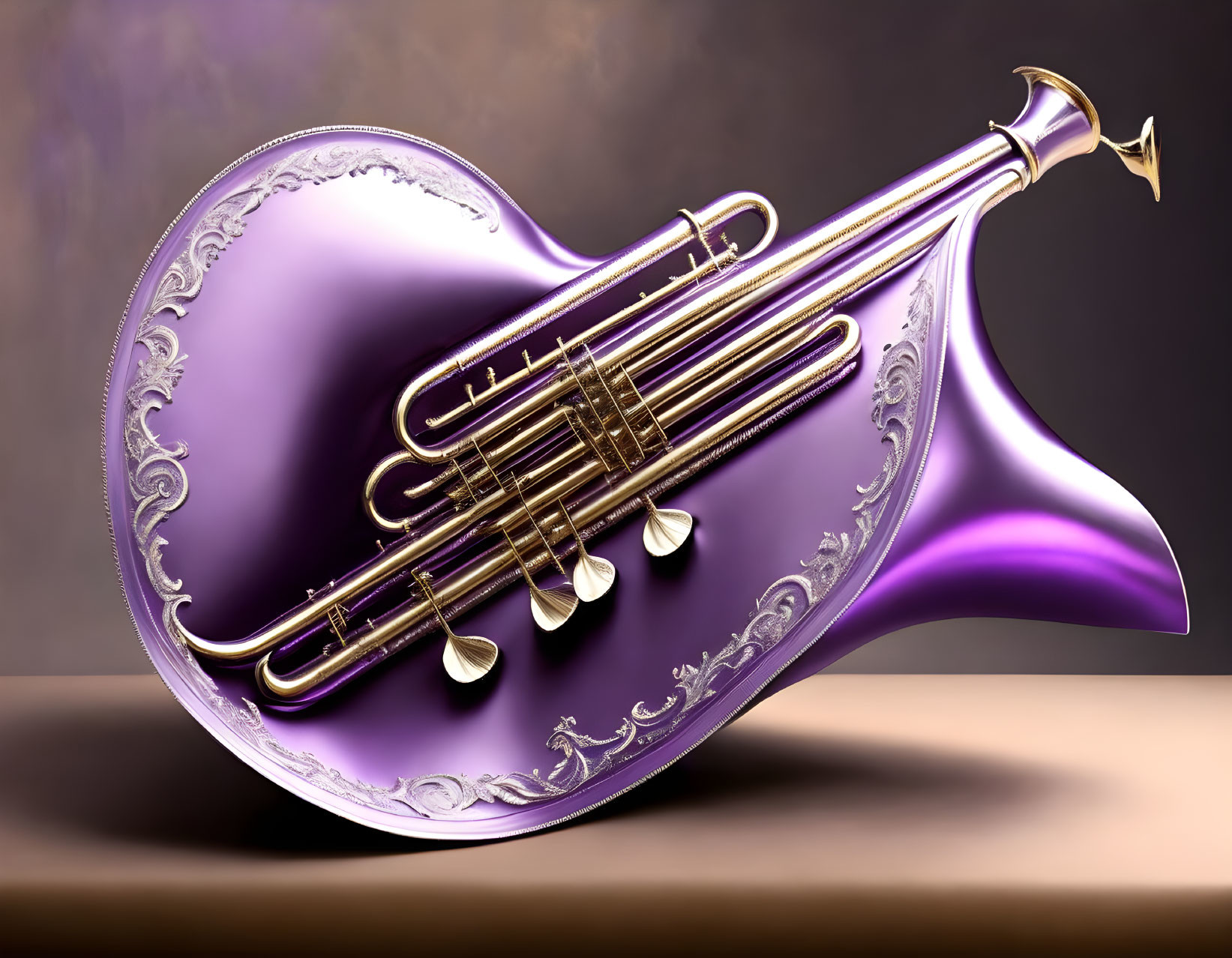 Purple Ornate French Horn with Engravings on Brown Background