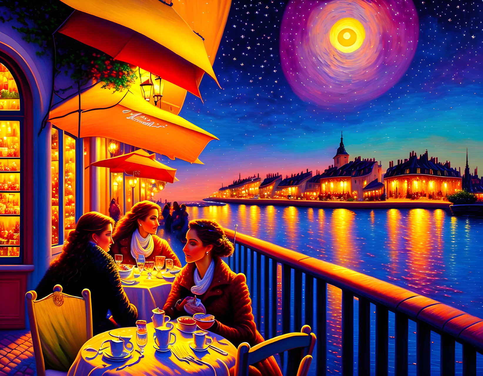 Vibrant painting of three people at riverside cafe under starry sky