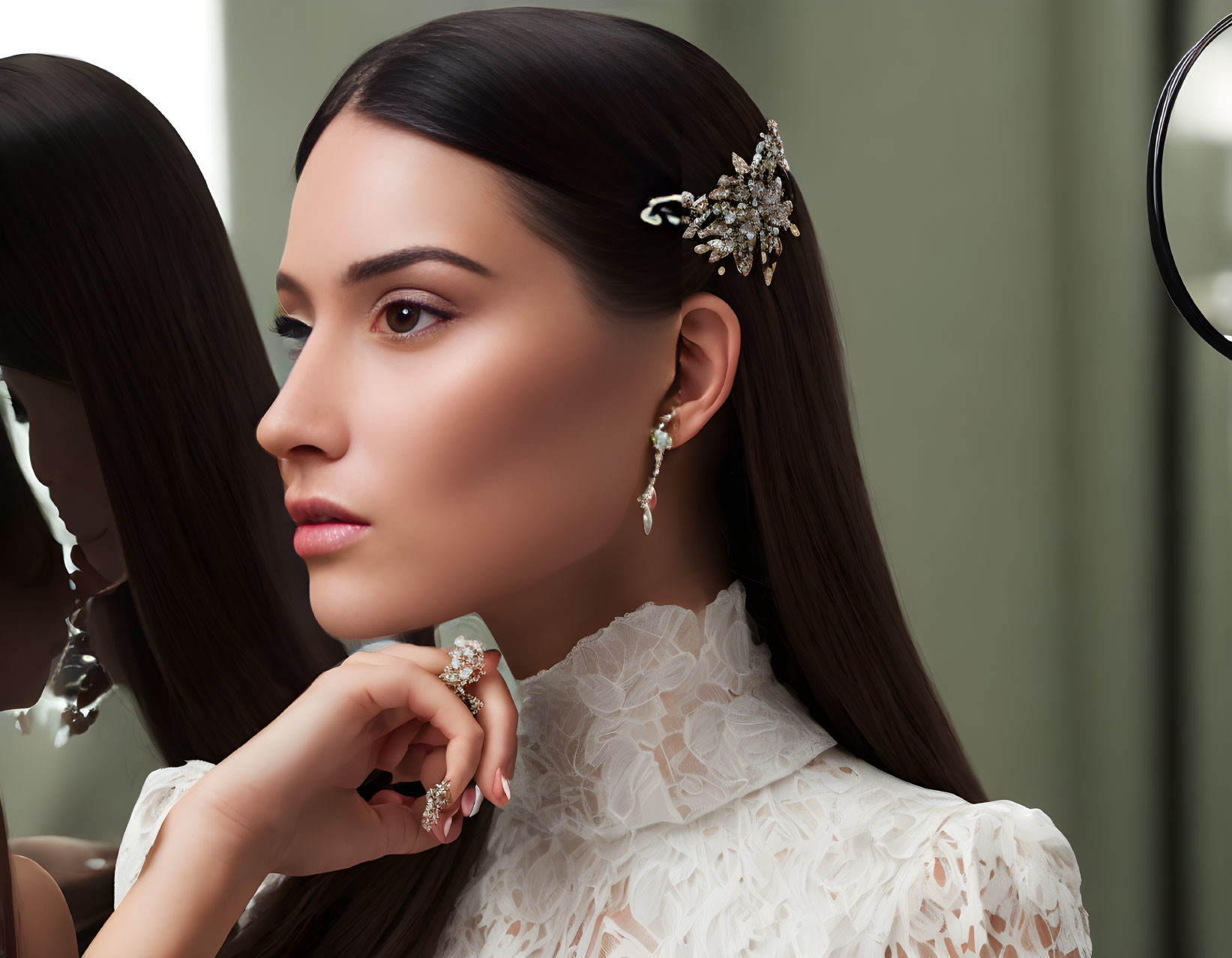 Woman with sleek hair and jeweled hairpiece in white lace garment near mirror