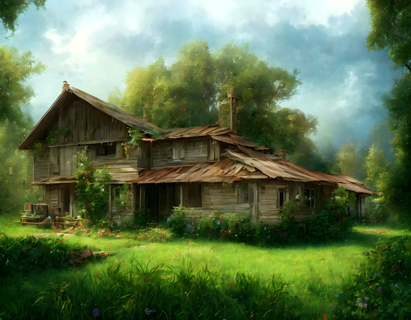 Old Wooden Cottage in Lush Greenery and Soft Sunlight