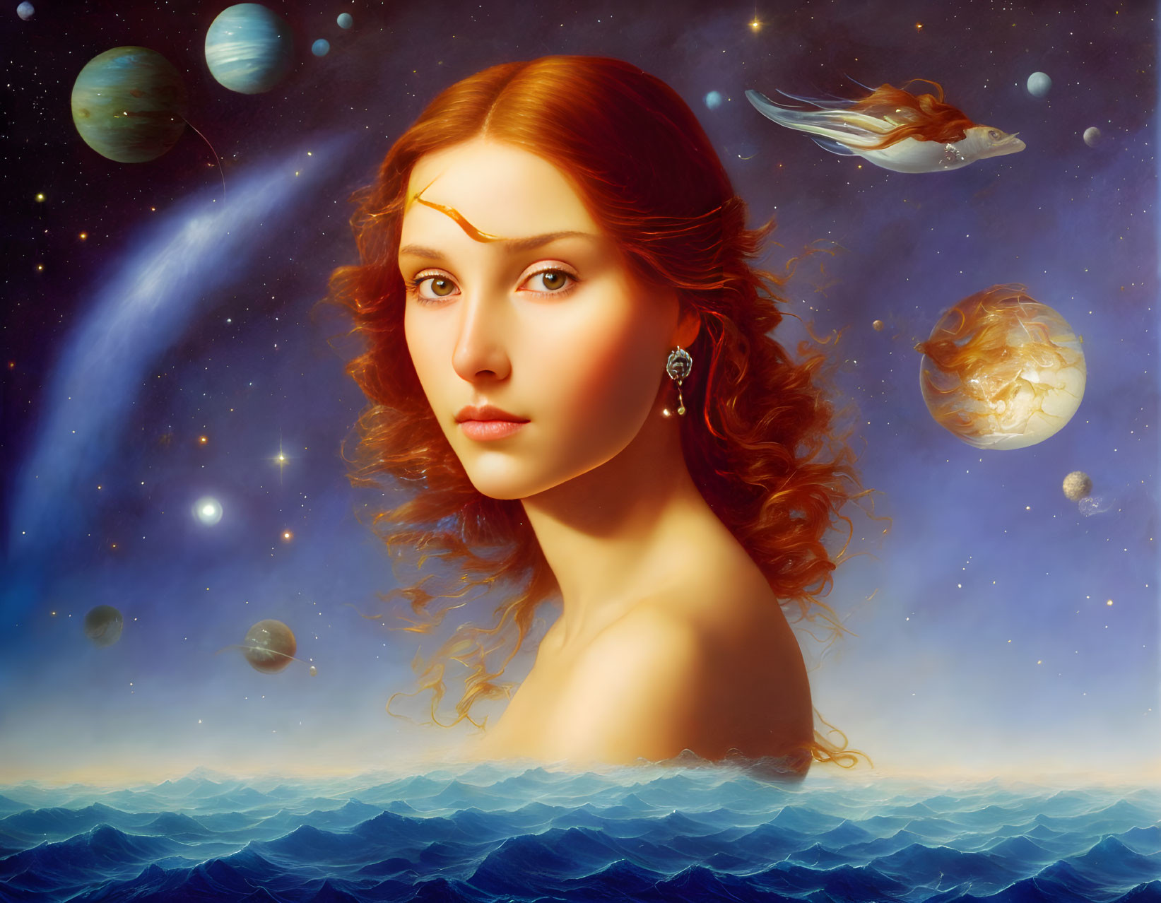 Red-haired woman portrait with cosmic and aquatic elements