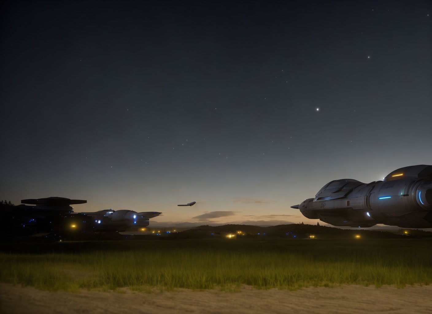 Futuristic aircraft parked in serene starlit night