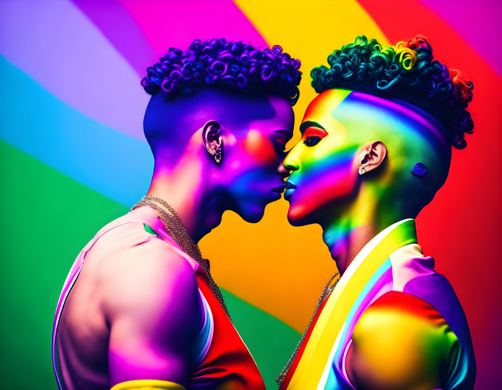 Vibrantly dyed hair and colorful makeup kiss against LGBTQ+ pride rainbow backdrop