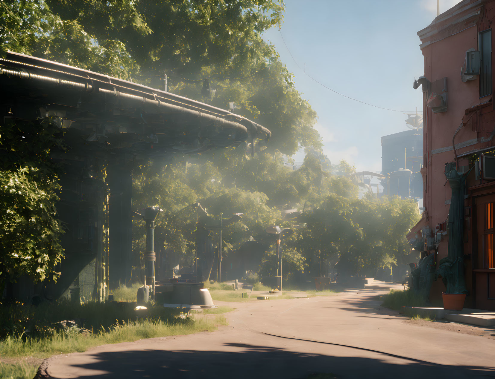 Sunlit street scene with elevated railway, trees, street lamps, and buildings on clear day