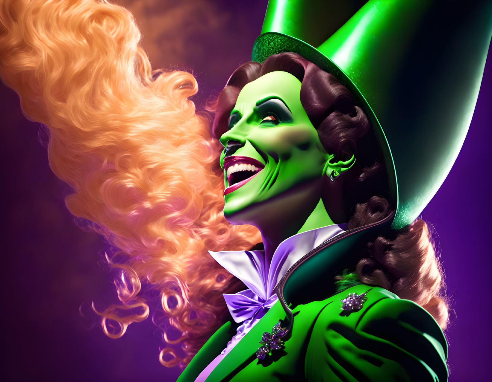 Colorful portrait of female character with green skin and orange hair in top hat laughing on purple background