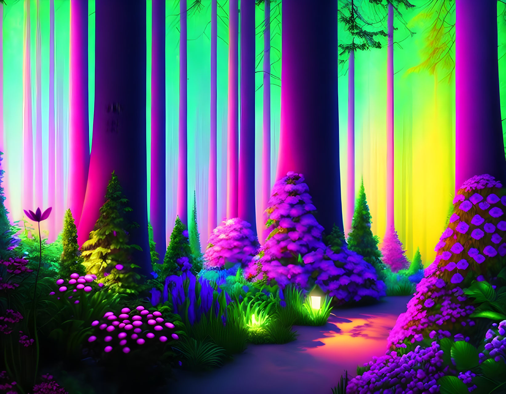 Luminous forest scene with towering trees and colorful undergrowth