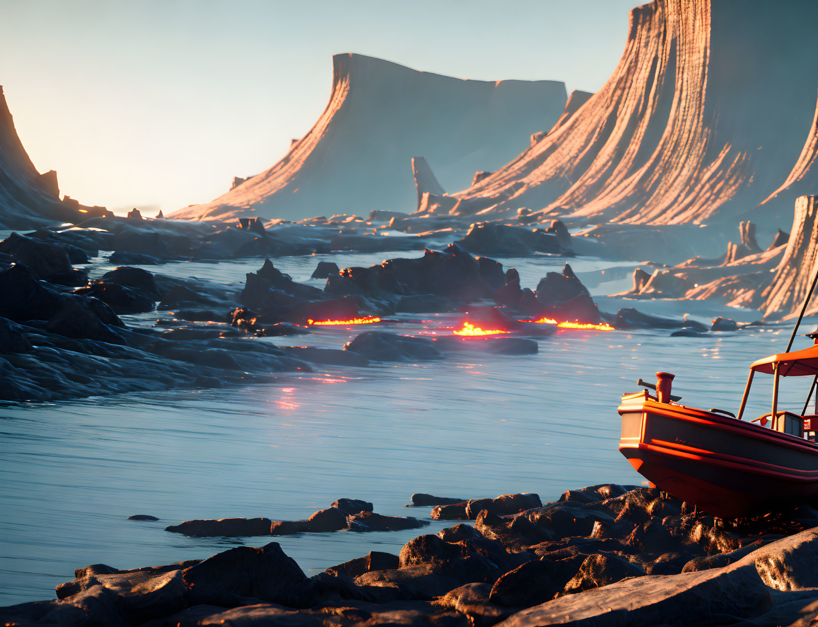 Red Boat on Shore of Volcanic Landscape with Lava Flows