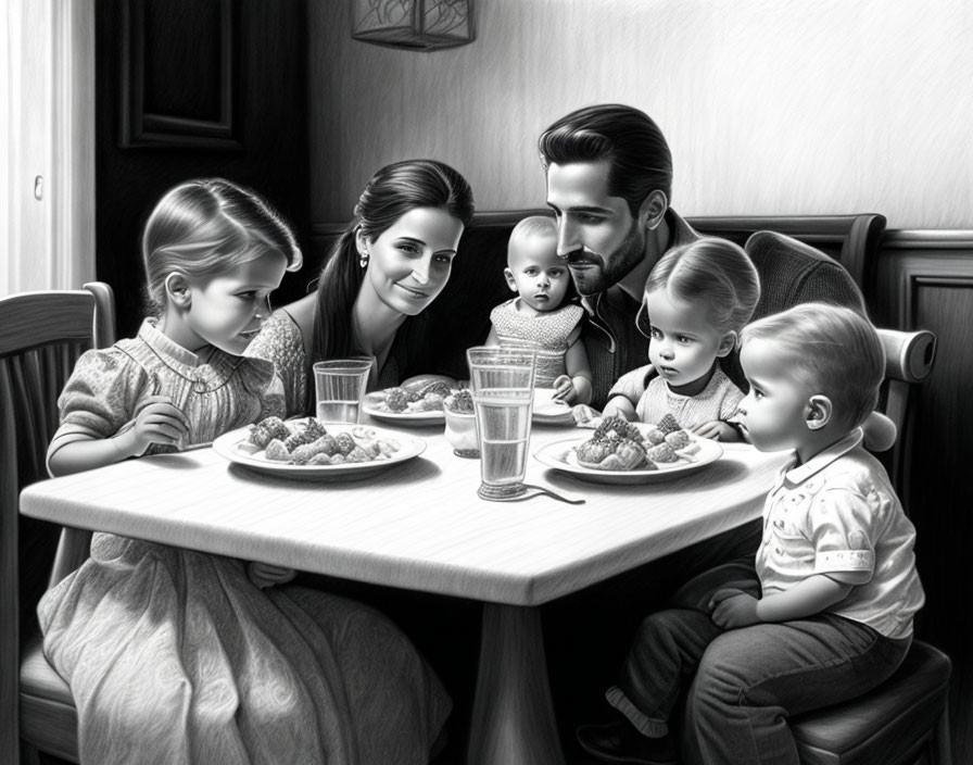 Monochrome family illustration dining together