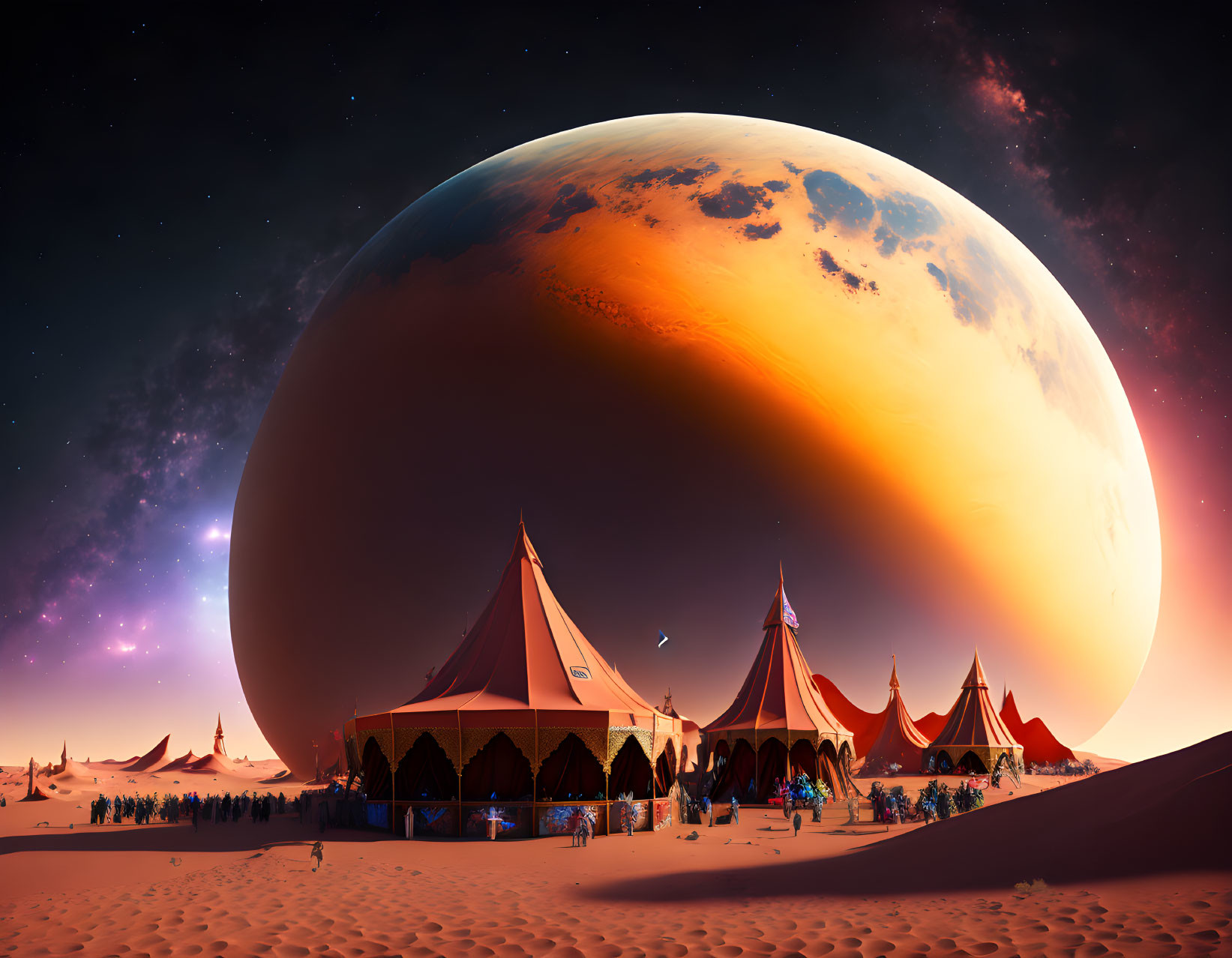 Sci-fi desert scene with tents under immense alien planet in sky