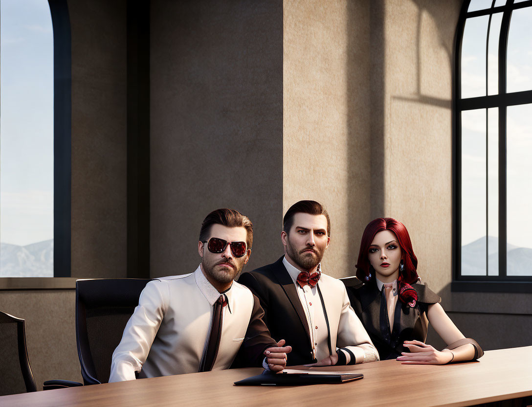 Three individuals in sunglasses at conference table with mountain view