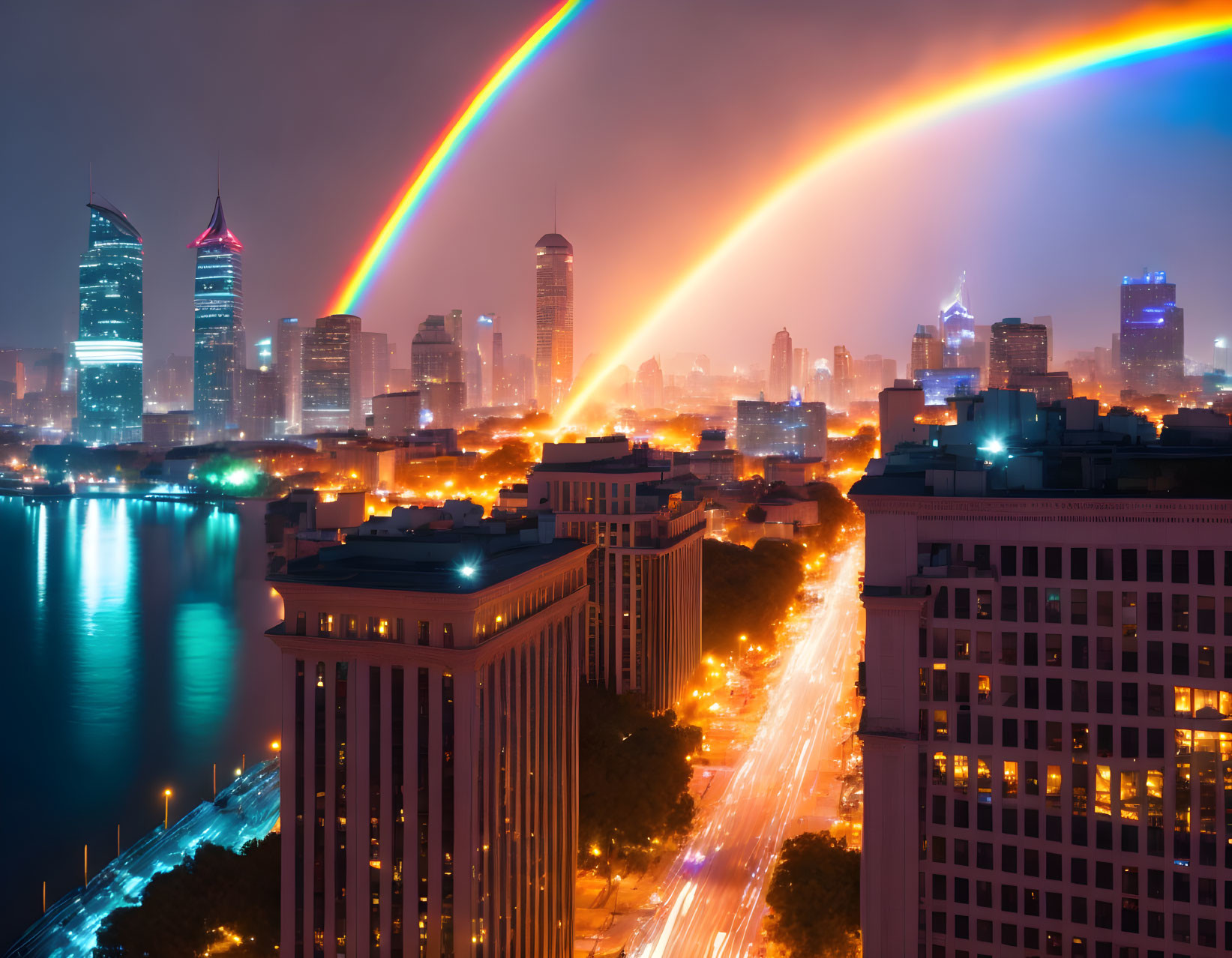 Cityscape at Dusk: River, Illuminated Buildings, Double Rainbow