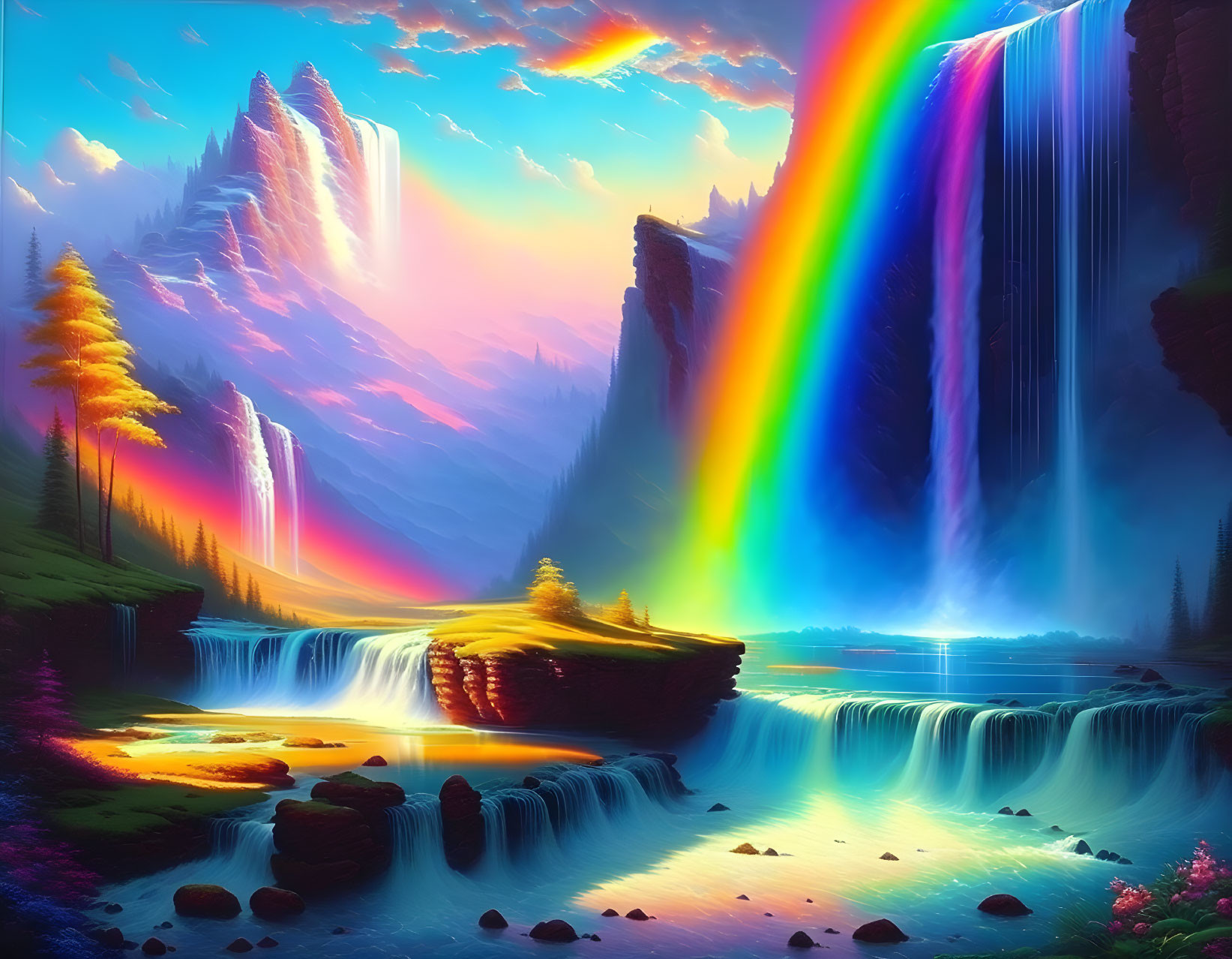 Fantastical landscape with waterfalls, rainbow, and colorful skies