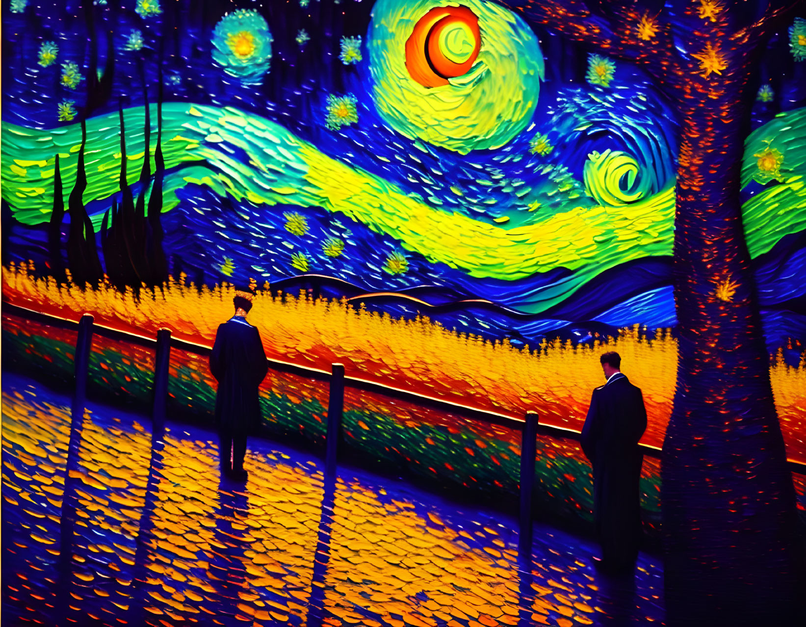 Art Installation: Van Gogh's "Starry Night" with Silhouetted Figures