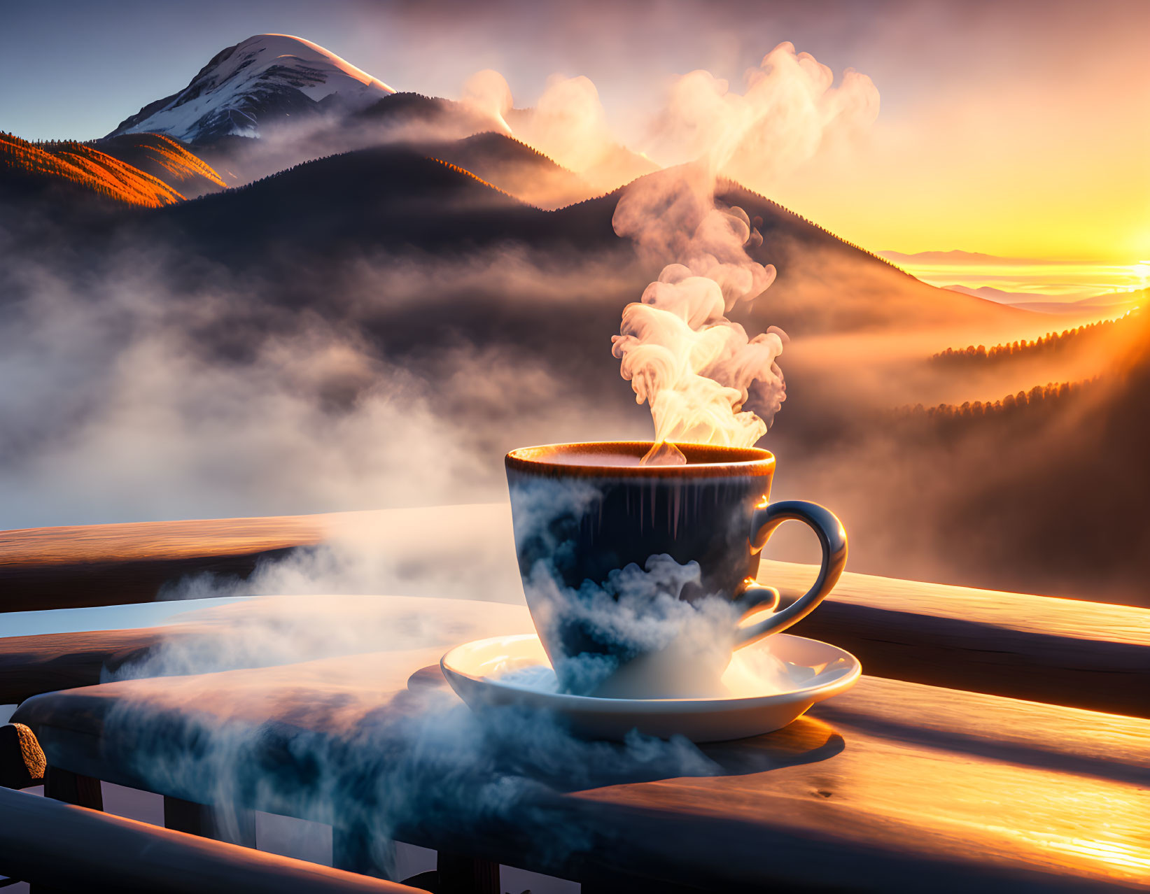 Coffee cup on railing with sunrise over misty mountains.