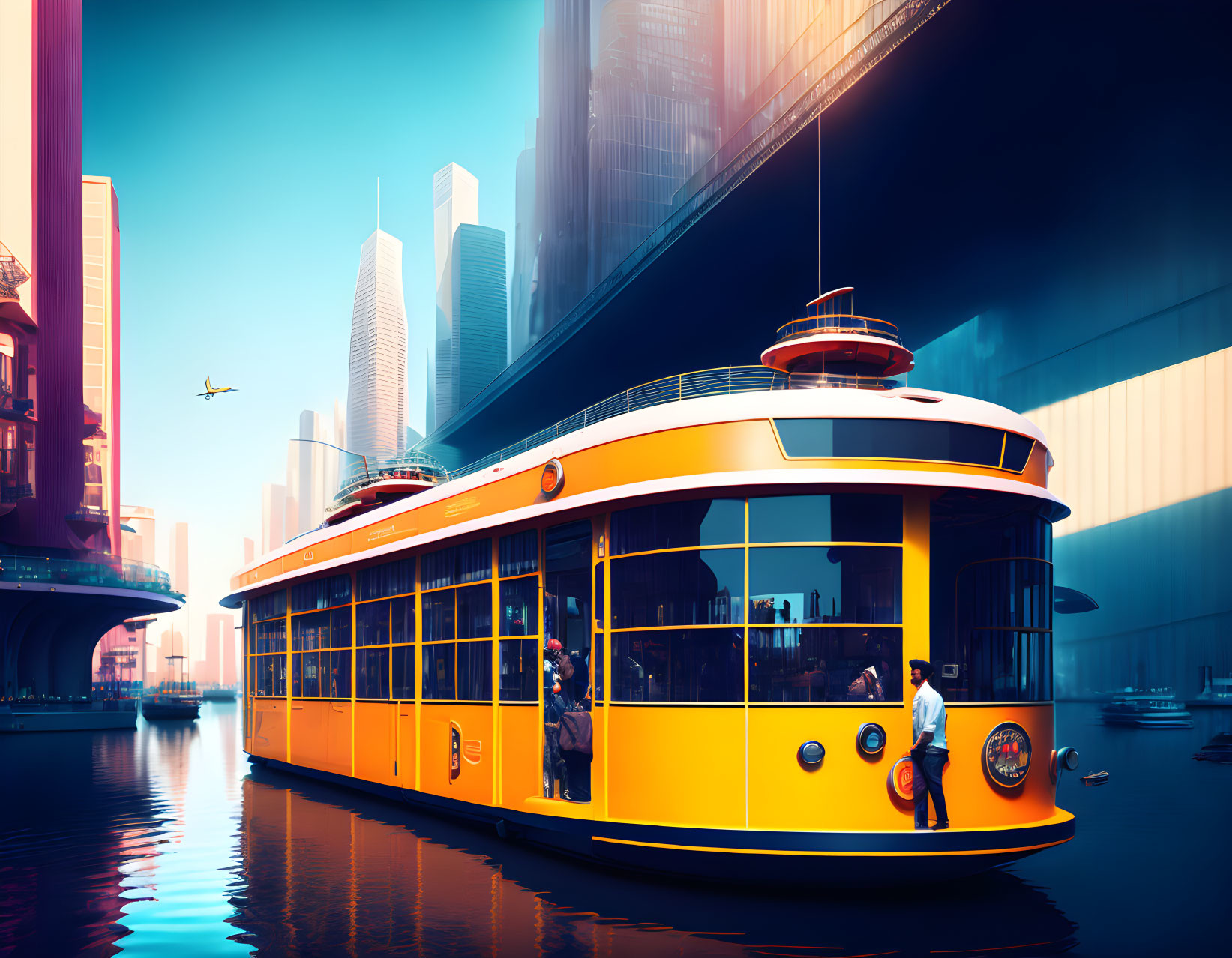 Colorful tram in yellow and orange on futuristic cityscape with skyscrapers, river, and clear