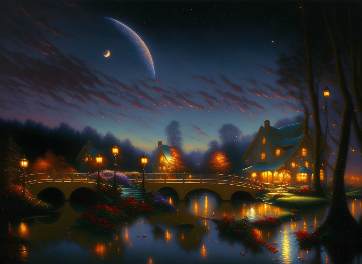 Tranquil night scene with crescent moon, starry sky, bridge, and lush foliage