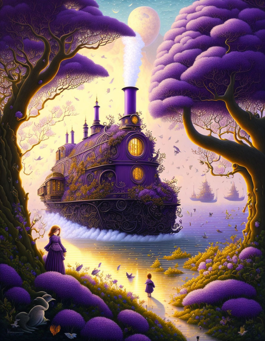 Whimsical painting: Vintage train becomes ship in magical landscape