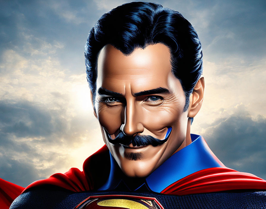 Male superhero with stylized mustache in blue and red costume on cloudy sky backdrop