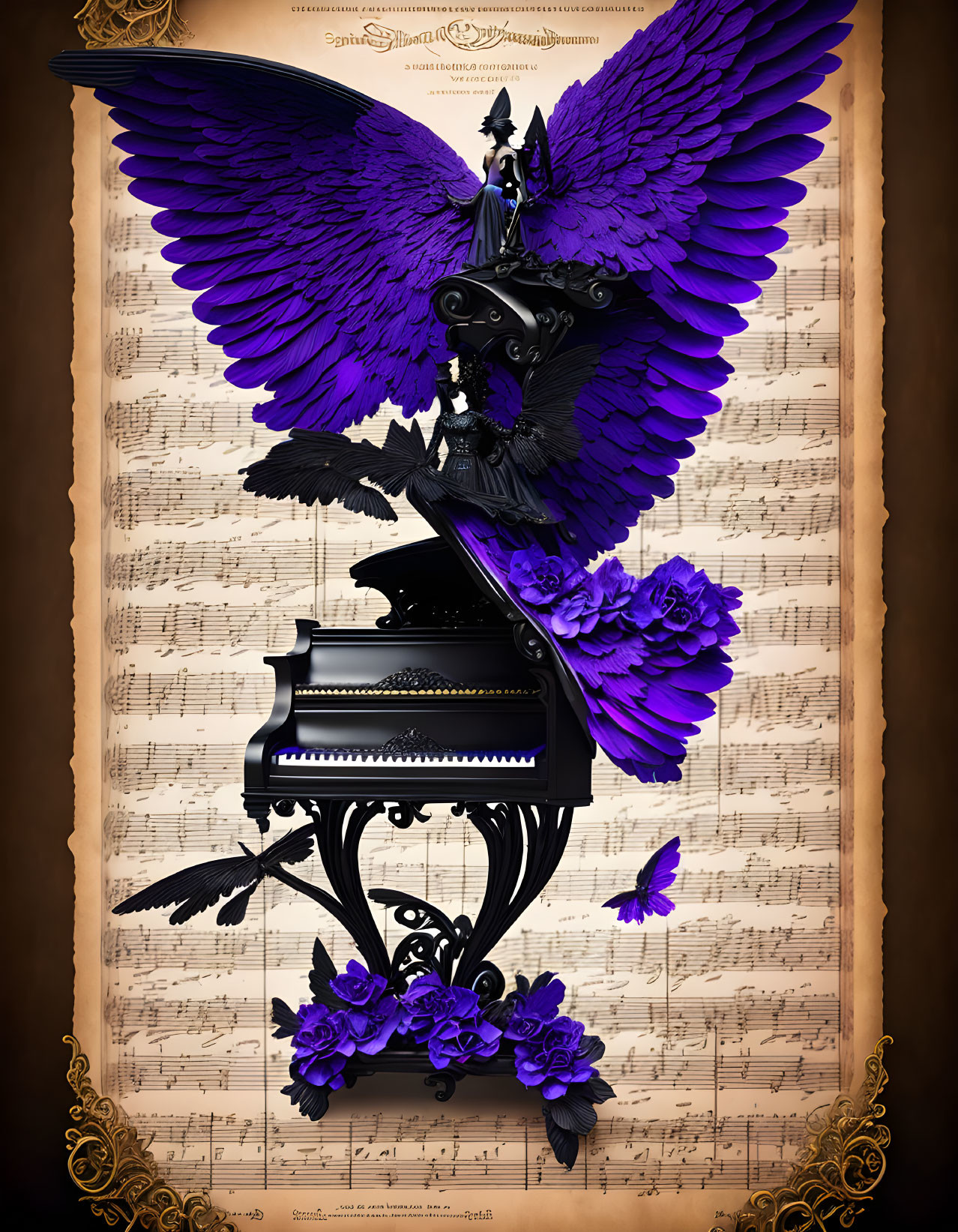 Gothic-themed artwork with person on purple grand piano surrounded by flowers and butterflies