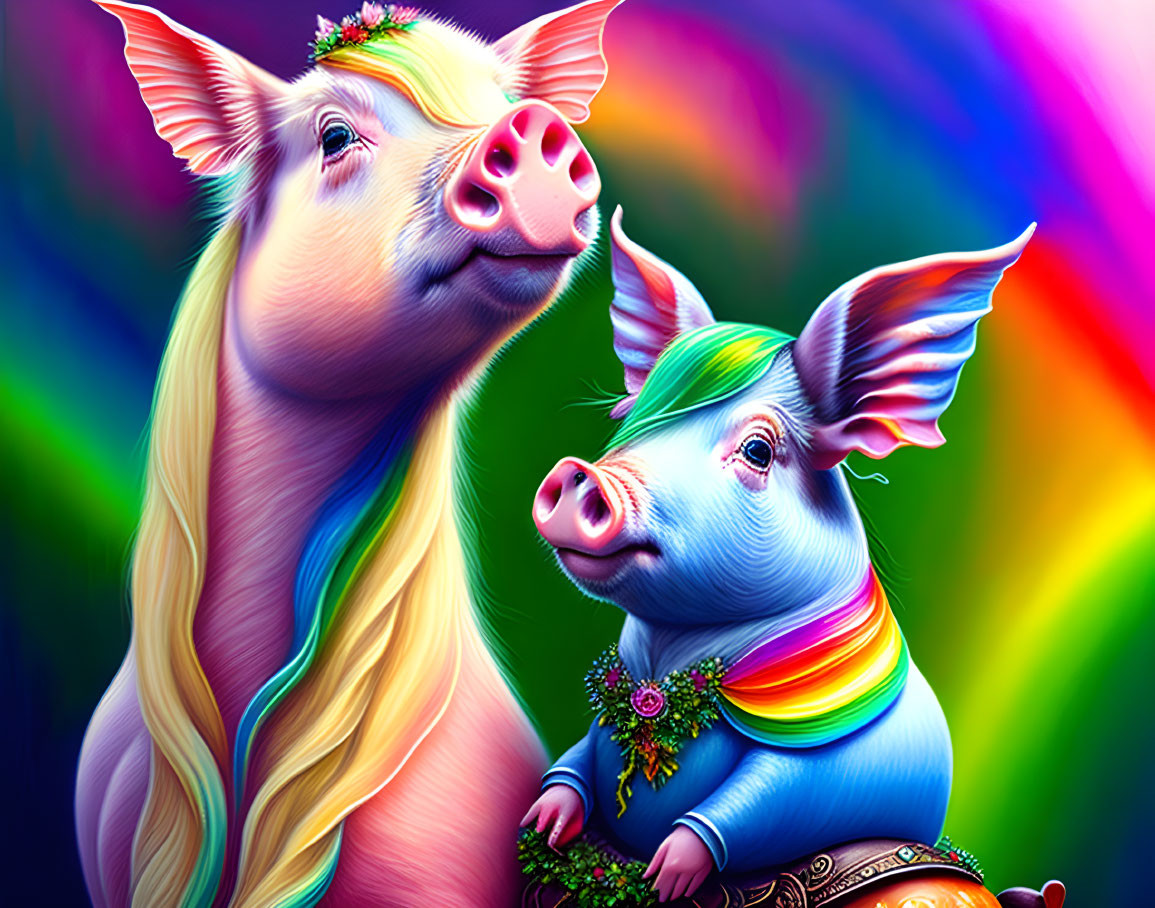 Colorful Cartoon Pigs with Rainbow Background