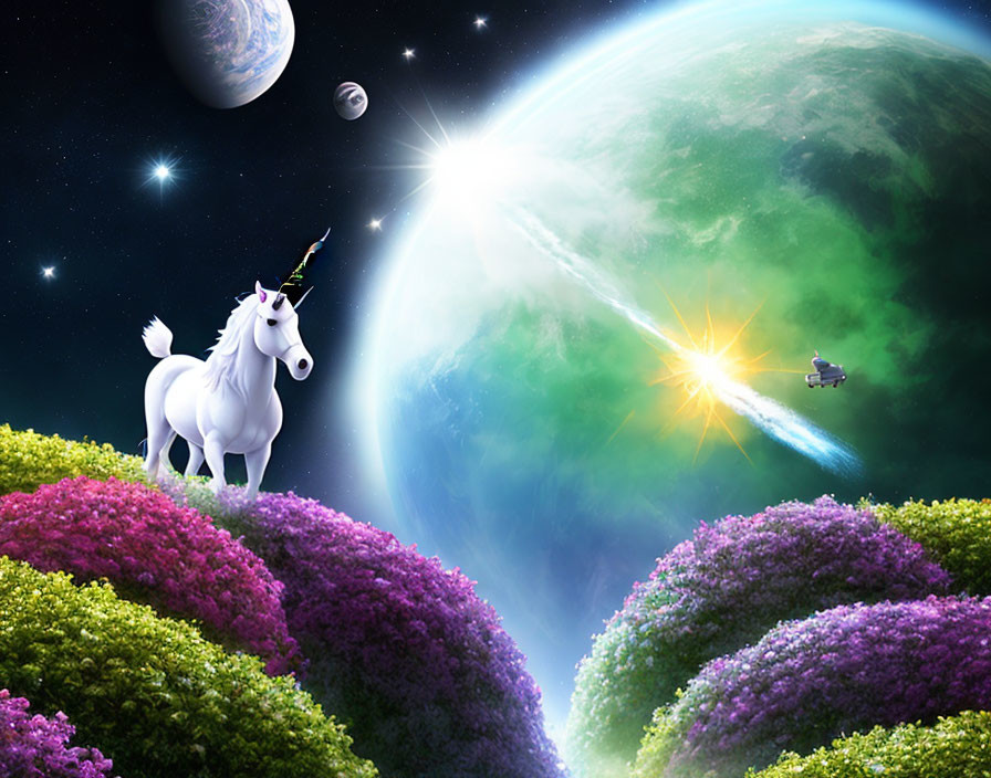 Majestic unicorn on vibrant, flower-covered planet with orbiting shuttle in starry cosmos