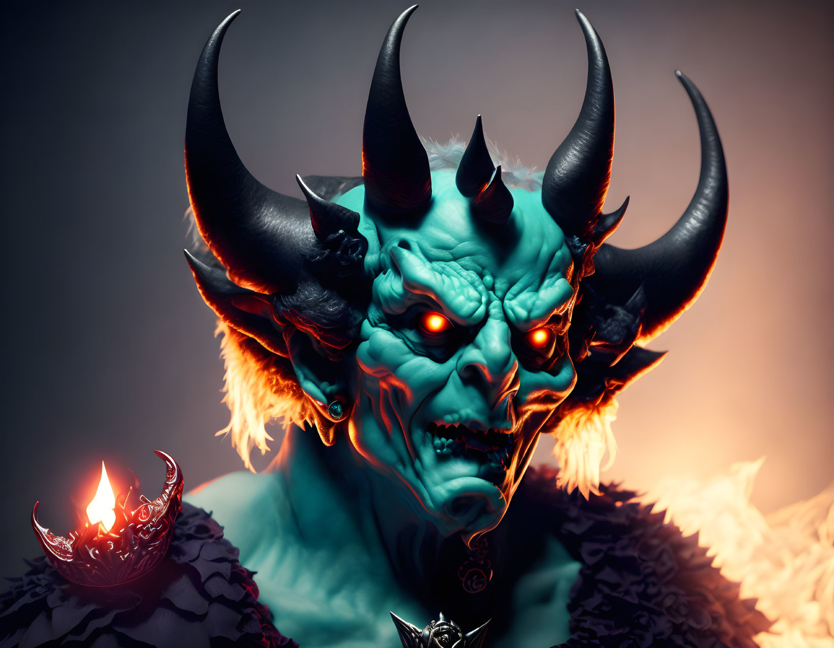 Sinister demon with red eyes, black horns, teal skin, and fiery orb