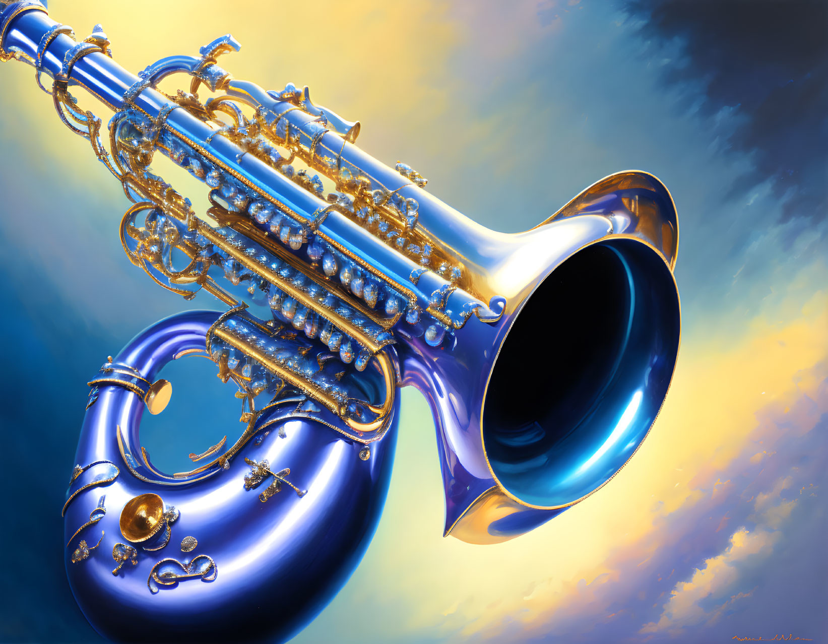 Polished Metallic Blue Saxophone Against Blue and Gold Sky