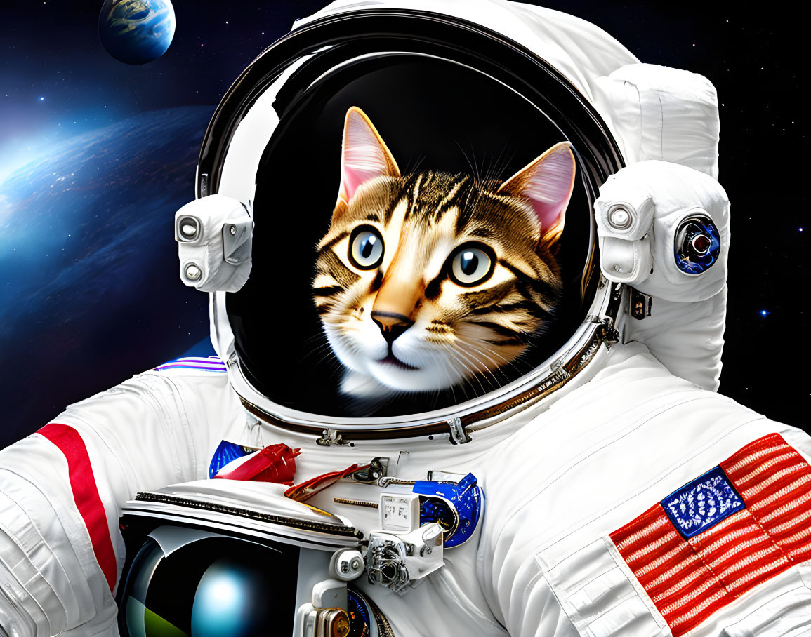 Astronaut in space suit with cat face visor against Earth backdrop