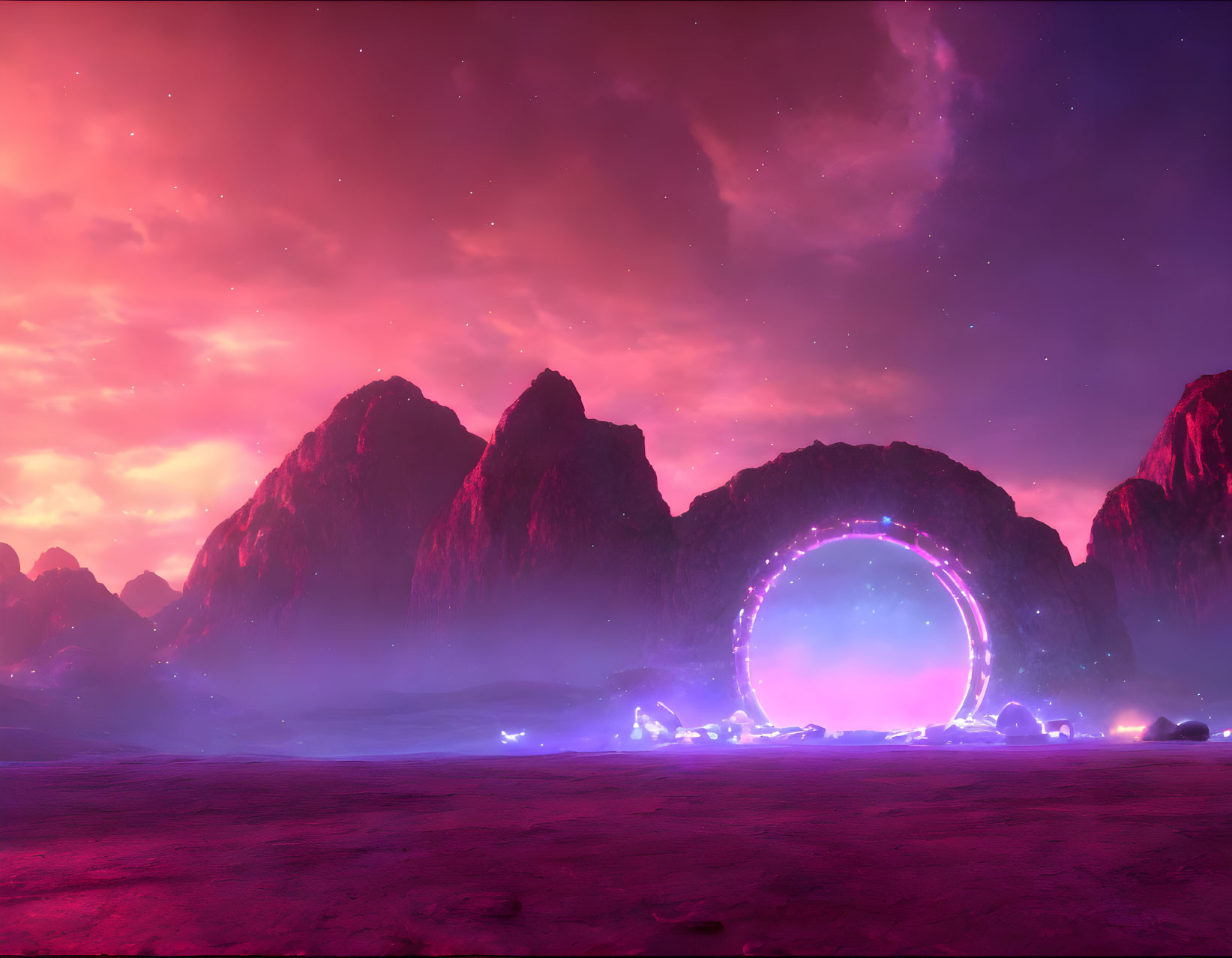 Alien landscape at dusk with purple portal amid mountains