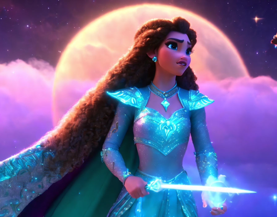 3D animated female character with glowing sword in blue outfit