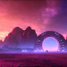 Alien landscape at dusk with purple portal amid mountains