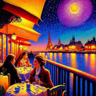 Vibrant painting of three people at riverside cafe under starry sky