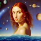 Red-haired woman portrait with cosmic and aquatic elements