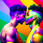 Vibrantly dyed hair and colorful makeup kiss against LGBTQ+ pride rainbow backdrop