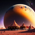 Sci-fi desert scene with tents under immense alien planet in sky