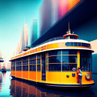 Colorful tram in yellow and orange on futuristic cityscape with skyscrapers, river, and clear